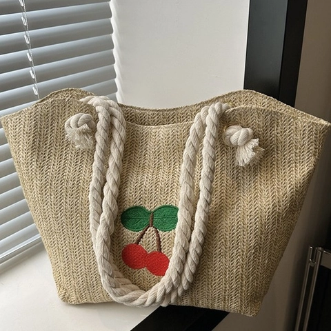 Damen Kirschstickerei Gewebte Stroh-Tote-Tasche Große Kapazität Casual Urlaub Strand Umhängetasche Süße Baumwollseil Handtasche