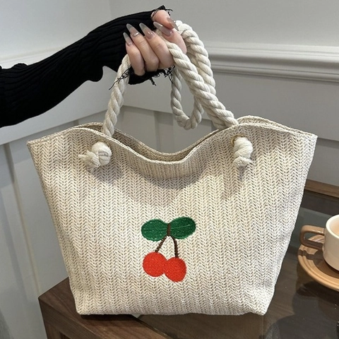 Damen Kirschstickerei Gewebte Stroh-Tote-Tasche Große Kapazität Casual Urlaub Strand Umhängetasche Süße Baumwollseil Handtasche
