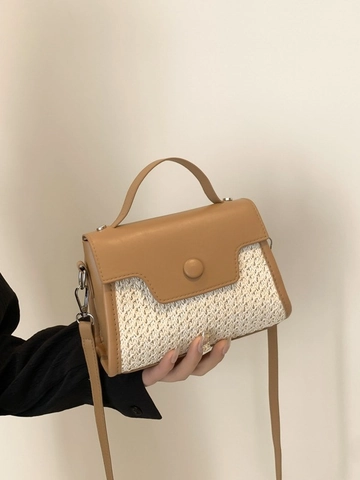 Women Fashion Straw Woven Crossbody Bag Retro PU Leather Patchwork Handbag Summer Vacation Casual Flap Shoulder Bag