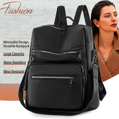 Mode Dames Litchi Textuur PU Leer Rugzak Met Kwastje Grote Capaciteit Vintage Multi-pocket Reizen Woon-werkverkeer Tas