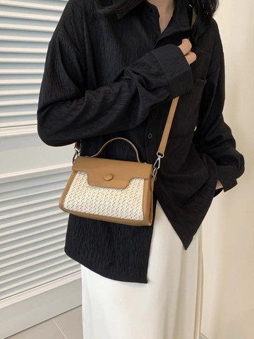 Women Fashion Straw Woven Crossbody Bag Retro PU Leather Patchwork Handbag Summer Vacation Casual Flap Shoulder Bag