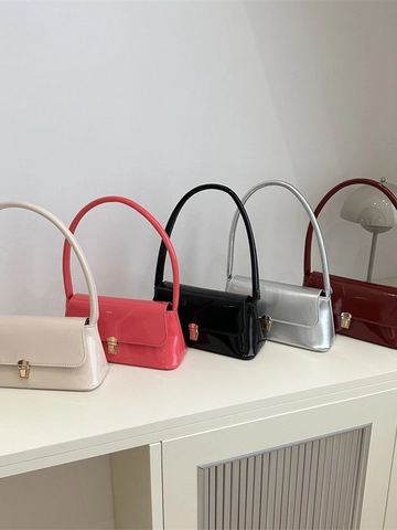 Sac Sous le Bras de Mode pour Femmes en Cuir PU Brillant Minimalisme Français Sac Baguette Avec Fermoir en Métal Sac à Épaule