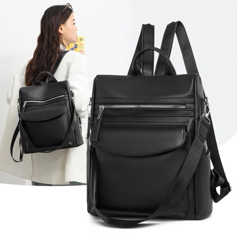 Mochila de Cuero PU Retro para Mujer Gran Capacidad Bolso de Hombro de Doble Uso Moda Casual Viaje Textura Granulada Mochila Antirrobo