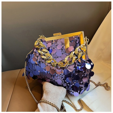 Dames Pailletten Schoudertas Elegante Avond Clutch Met Gouden Metalen Kettingframe Fashion Street Style Handtas