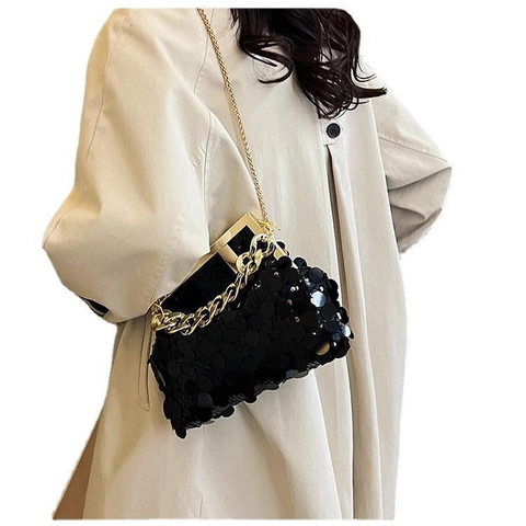 Dames Pailletten Schoudertas Elegante Avond Clutch Met Gouden Metalen Kettingframe Fashion Street Style Handtas