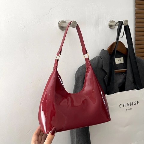 Dames Glanzend Lakleer Hobo Tas Minimalistisch Retro Okseltas Glanzend PU Leer Schoudertas Urban Chic Handtas