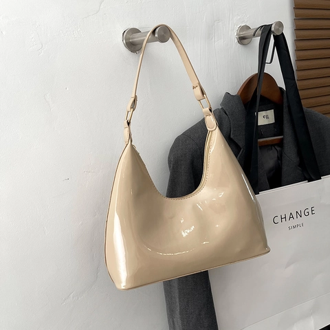 Dames Glanzend Lakleer Hobo Tas Minimalistisch Retro Okseltas Glanzend PU Leer Schoudertas Urban Chic Handtas