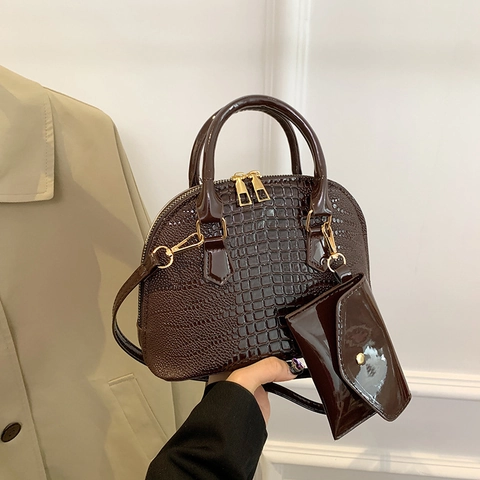 Women Croc Embossed Shell Handbag 2 In 1 Set PU Leather Shoulder Crossbody Bag Daily Office Elegant Satchel Gold Hardware