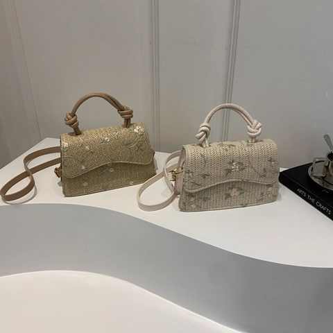 Borsa a Tracolla da Donna in Paglia Intrecciata con Ricamo Floreale Piccola Borsa Quadrata Manico Annodato Borsa a Mano Estiva da Spiaggia Moda