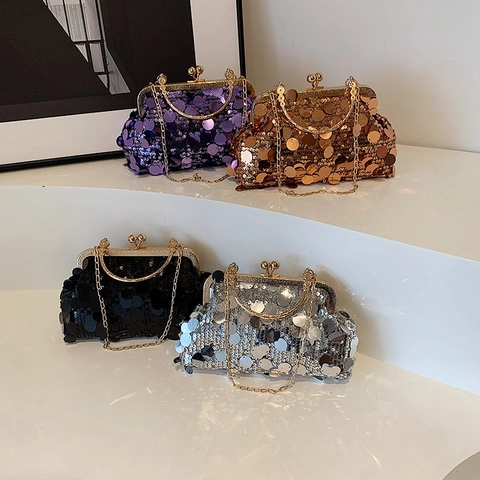Sequin Evening Bag Women Retro Clutch With Metal Frame Kiss Lock And Removable Chain Strap Luxury Party Purse