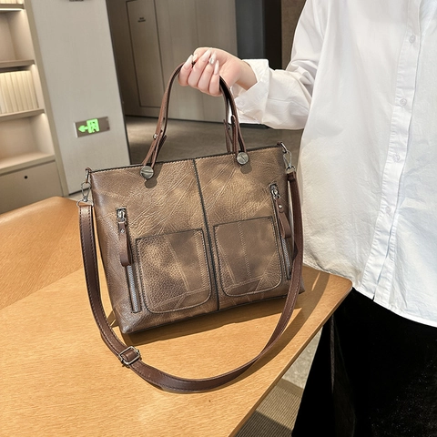 Borsa Tote Vintage in Pelle PU Grande Capacità Per Donna Patchwork Geometrico Retro Borsa a Spalla Con Tasche Multiple a Zip Borsa a Tracolla Quotidiana