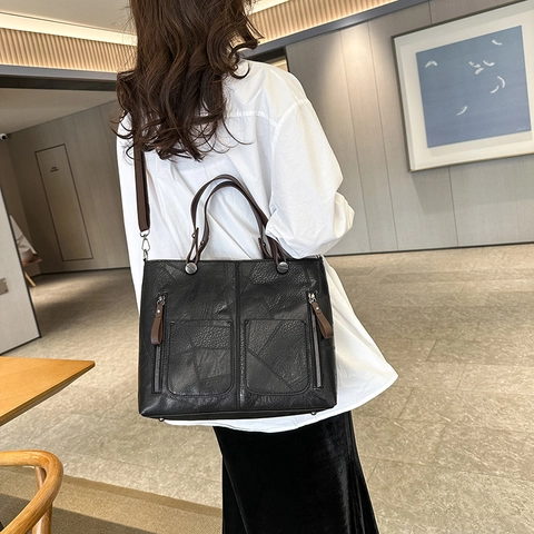 Borsa Tote Vintage in Pelle PU Grande Capacità Per Donna Patchwork Geometrico Retro Borsa a Spalla Con Tasche Multiple a Zip Borsa a Tracolla Quotidiana