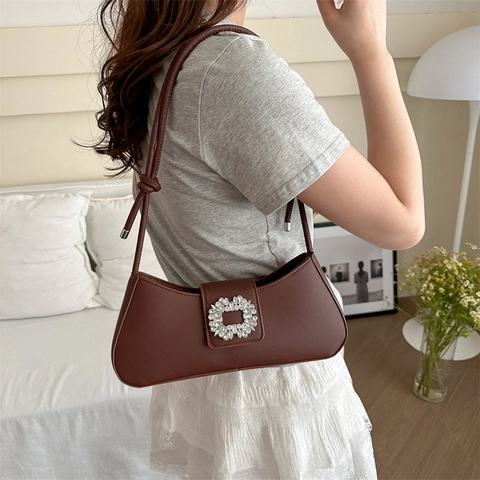 Women PU Leather Underarm Bag Rhinestone Buckle Square Decoration Knotted Strap Baguette Bag Party Daily Fashion Purse