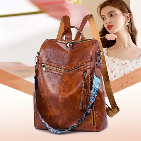 Zaino da Donna in Pelle PU Vintage di Grande Capacità Borsa da Viaggio alla Moda Con Tracolla Etnica e Nappa Idrorepellente