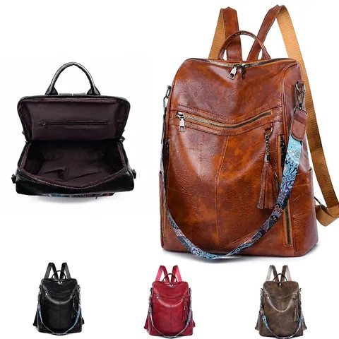 Zaino da Donna in Pelle PU Vintage di Grande Capacità Borsa da Viaggio alla Moda Con Tracolla Etnica e Nappa Idrorepellente