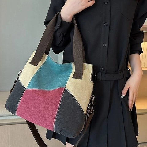 Vintage Women Color Block Canvas Tote Bag Large Capacity Patchwork Shoulder Handbag Urban Minimalist Daily Commute Bag