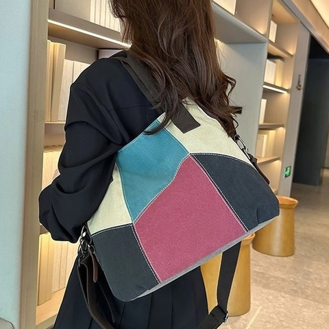 Vintage Women Color Block Canvas Tote Bag Large Capacity Patchwork Shoulder Handbag Urban Minimalist Daily Commute Bag