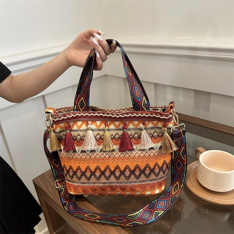 Damen Böhmisch Ethnisch Gewebt Beuteltasche Retro Quasten Schultertasche Buntes Geometrisches Muster Baumwolle Leinen Umhängetasche