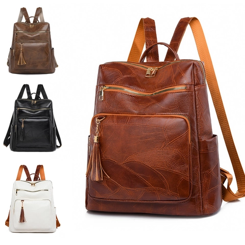 Zaino in Pelle PU da Donna Vintage Grande Capacità Multifunzionale Moda Viaggio Pendolarismo Cartella Con Decorazione a Nappe