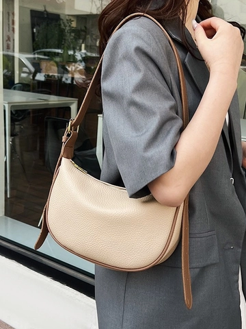 Kieselmaserung PU Leder Halbmond Schultertasche Damen Verstellbarer Riemen Kontrast Hobo Umhängetasche Urbane Einfache Handtasche