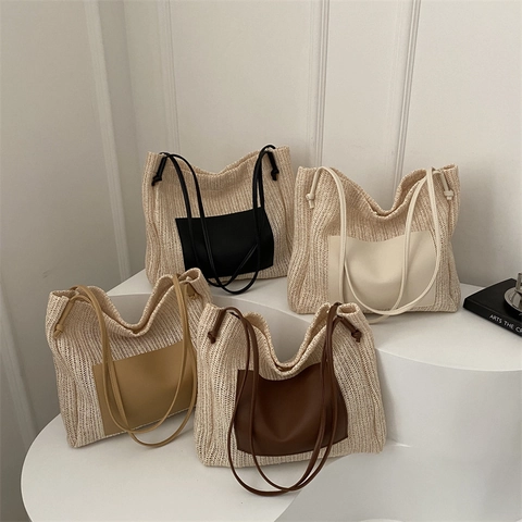 Borsa Tote in Paglia Intrecciata di Grande Capacità per Donna 2024 Nuova Borsa a Spalla con Cuciture in PU Minimalista
