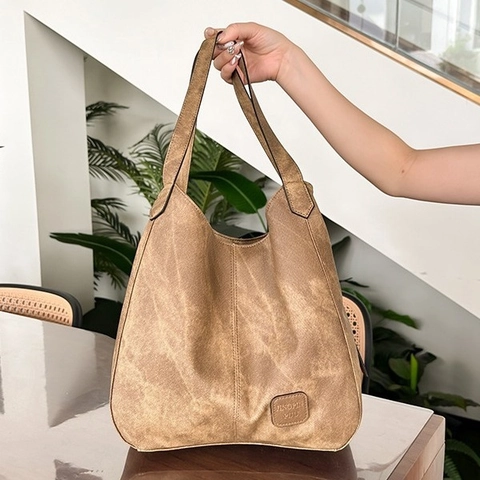 Borsa Tote in Pelle PU Vintage a Grande Capacità per Donna Borsa a Tracolla Multicomparto Borsa a Mano Retrò Street Style