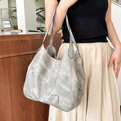 Borsa Tote in Pelle PU Vintage a Grande Capacità per Donna Borsa a Tracolla Multicomparto Borsa a Mano Retrò Street Style
