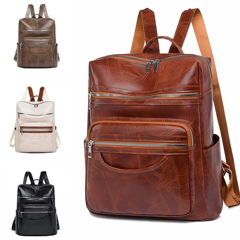 Vintage Women PU Leather Backpack Large Capacity Fashion Travel Rucksack With Multi Pockets Waterproof Casual School Bag