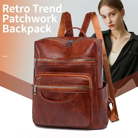 Vintage Women PU Leather Backpack Large Capacity Fashion Travel Rucksack With Multi Pockets Waterproof Casual School Bag