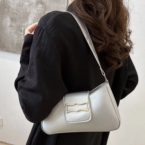 Bolso de Axila de Cuero PU Minimalista para Mujer Hebilla de Metal Retro Color Sólido Bolso de Hombro para Viaje Diario Moda Cuadrada