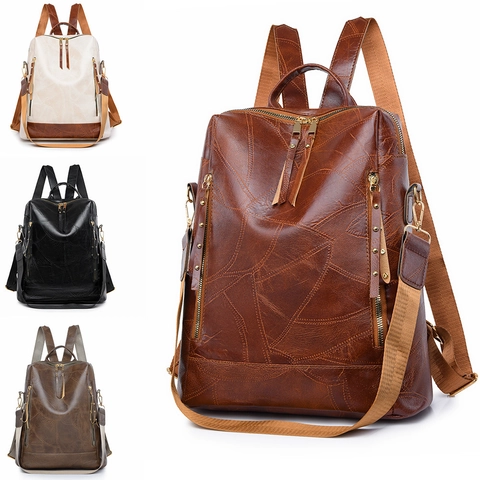 Vintage Women PU Leather Backpack Large Capacity Fashion Patchwork Travel Shoulder Bag Multi-functional Casual Rucksack