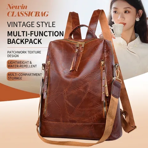 Vintage Women PU Leather Backpack Large Capacity Fashion Patchwork Travel Shoulder Bag Multi-functional Casual Rucksack