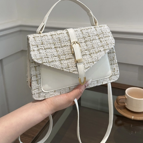 Mode Tweed PU Lederen Schoudertas Voor Vrouwen Elegante Geruite Vierkante Crossbody Tas Eenvoudige Kleine Handtas Goud Hardware