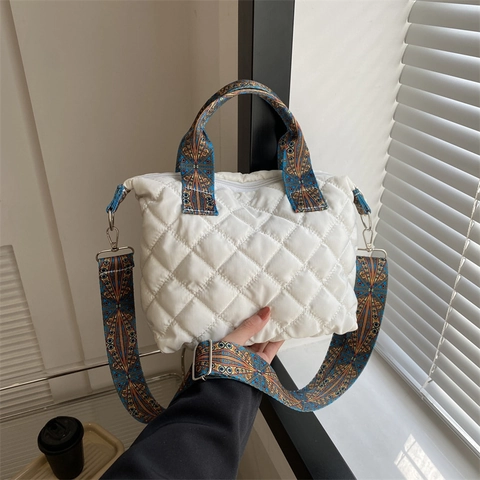 Damen Gesteppte Wattierte Tote Bag Ethno-Muster Breiter Gurt Schultertasche Rautenmuster Umhängetasche Lässige Baumwolltasche