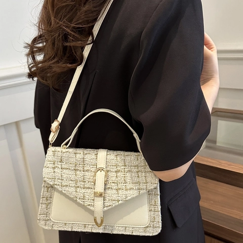 Mode Tweed PU Lederen Schoudertas Voor Vrouwen Elegante Geruite Vierkante Crossbody Tas Eenvoudige Kleine Handtas Goud Hardware