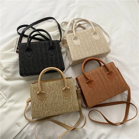 Women Vintage Straw Woven Shoulder Bag PU Leather Trim Small Square Handbag Solid Color Beach Vacation Crossbody Bag