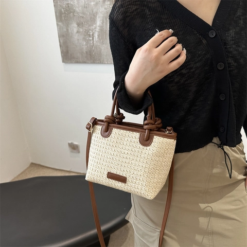 Dames Stro Geweven Tote Tas Leren Handvat Kleine Schoudertas Crossbody Tas Zomer Strand Handtas Vakantie Mode Reistas Vrouwen