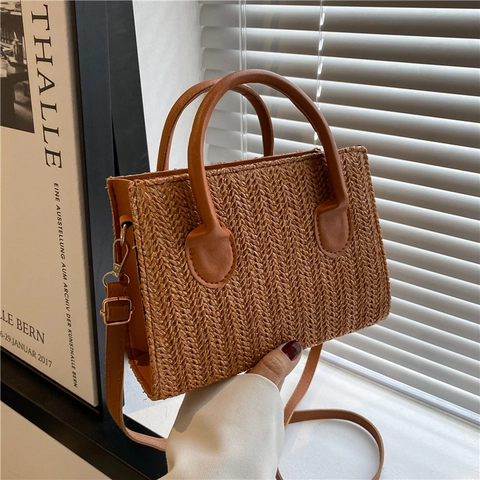 Women Vintage Straw Woven Shoulder Bag PU Leather Trim Small Square Handbag Solid Color Beach Vacation Crossbody Bag