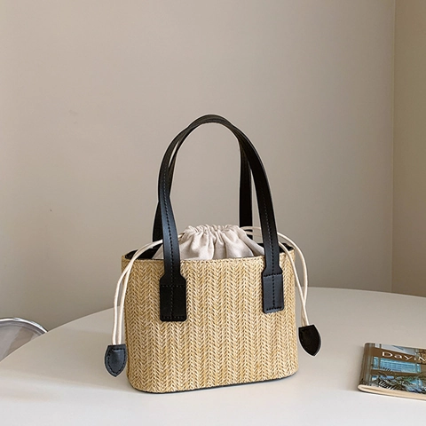 Sac à Épaule en Paille Tissée pour Femmes Été Avec Poche Intérieure à Cordon Bandoulière en Similicuir Petit Sac de Plage
