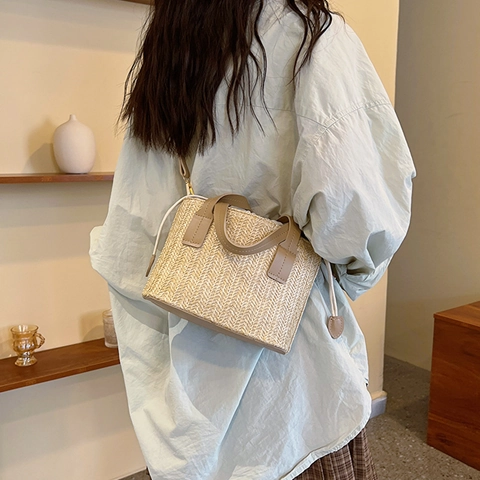 Sac à Épaule en Paille Tissée pour Femmes Été Avec Poche Intérieure à Cordon Bandoulière en Similicuir Petit Sac de Plage
