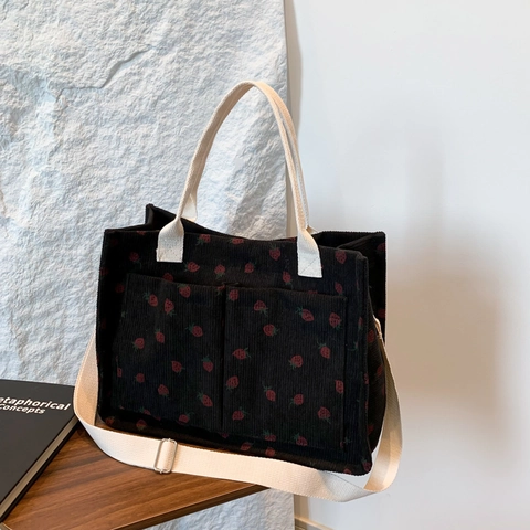 Cord Erdbeere Drucken Tote Bag Große Kapazität Lässig Schultertasche Mit Verstellbarem Riemen Für Damen Student Shopper