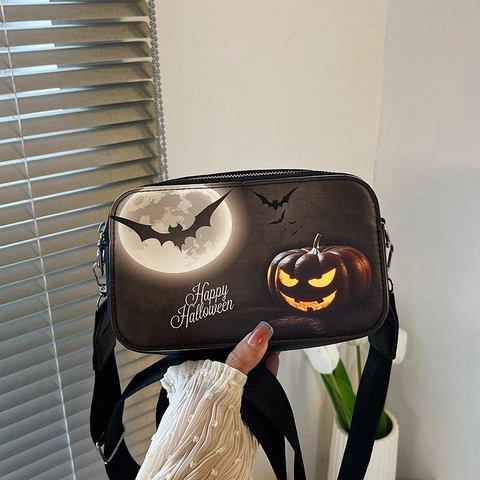 Borsa a Tracolla da Donna in Pelle PU Halloween Tracolla Larga Piccola Borsa Quadrata Con Stampa Zucca Pipistrello Per Festa