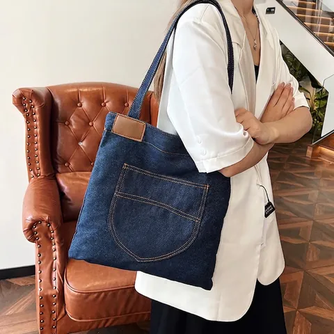 Bolso Tote de Mezclilla Casual para Mujer Gran Capacidad Bolso de Hombro de Lona Con Costuras de Contraste Bolso Retro Jean