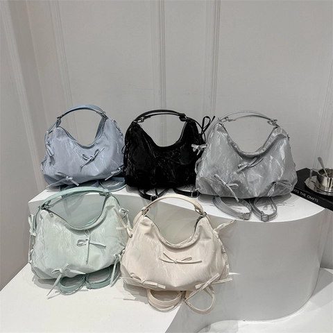 Bolso de Hombro Plisado con Lazo para Mujer Bolso de Axila de Cuero PU Bolso Hobo de Moda Color Sólido para Viaje Diario