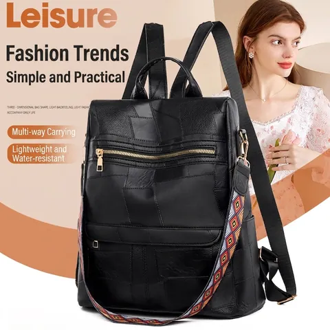 Mochila de Retazos de Cuero PU para Mujer Vintage Bolsa de Viaje de Moda de Gran Capacidad Con Correa de Patrón Geométrico Étnico