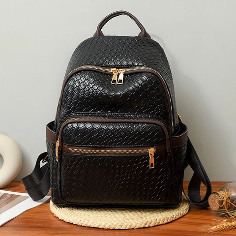 Mochila de Moda para Mujer de Cuero PU Tejido Antirrobo Gran Capacidad Bolso de Hombro Casual de Viaje para Mujer Mochila Retro Simple