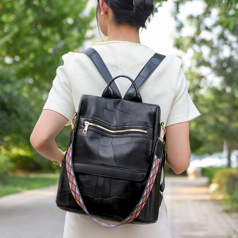 Mochila de Retazos de Cuero PU para Mujer Vintage Bolsa de Viaje de Moda de Gran Capacidad Con Correa de Patrón Geométrico Étnico