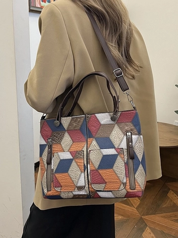 Sac Cabas Rétro en Cuir PU pour Femmes avec Motif de Cube 3D Géométrique Sac à Main à Bandoulière de Grande Capacité