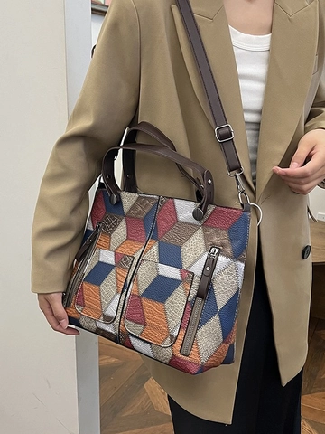 Sac Cabas Rétro en Cuir PU pour Femmes avec Motif de Cube 3D Géométrique Sac à Main à Bandoulière de Grande Capacité