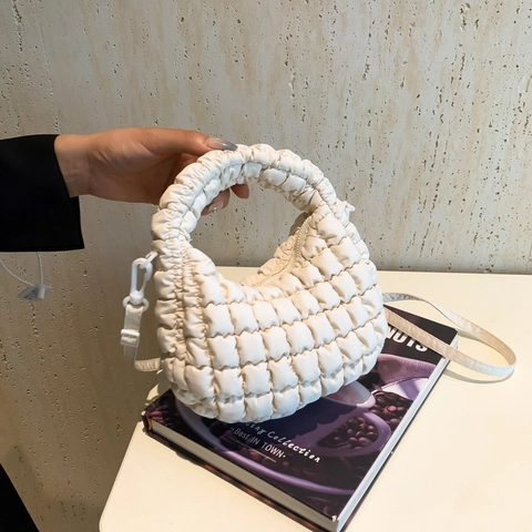 Women Korean Fashion Quilted Cloud Shoulder Bag Puffy Popcorn Texture Mini Tote Crossbody Handbag Lightweight Polyester Purse